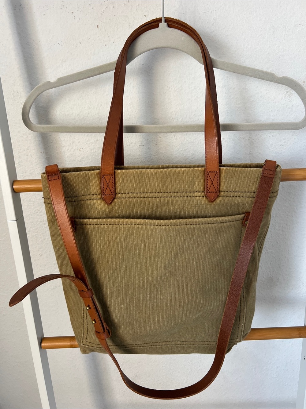 Madewell army green Canvas Tote Bag with Brown Leather Trim